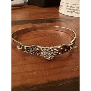 Vintage Silver Tone Heart Wings Rhinestone 7.5” Bangle Bracelet